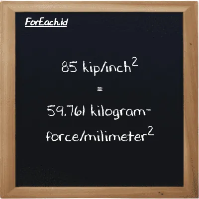 85 kip/inch<sup>2</sup> is equivalent to 59.761 kilogram-force/milimeter<sup>2</sup> (85 ksi is equivalent to 59.761 kgf/mm<sup>2</sup>)